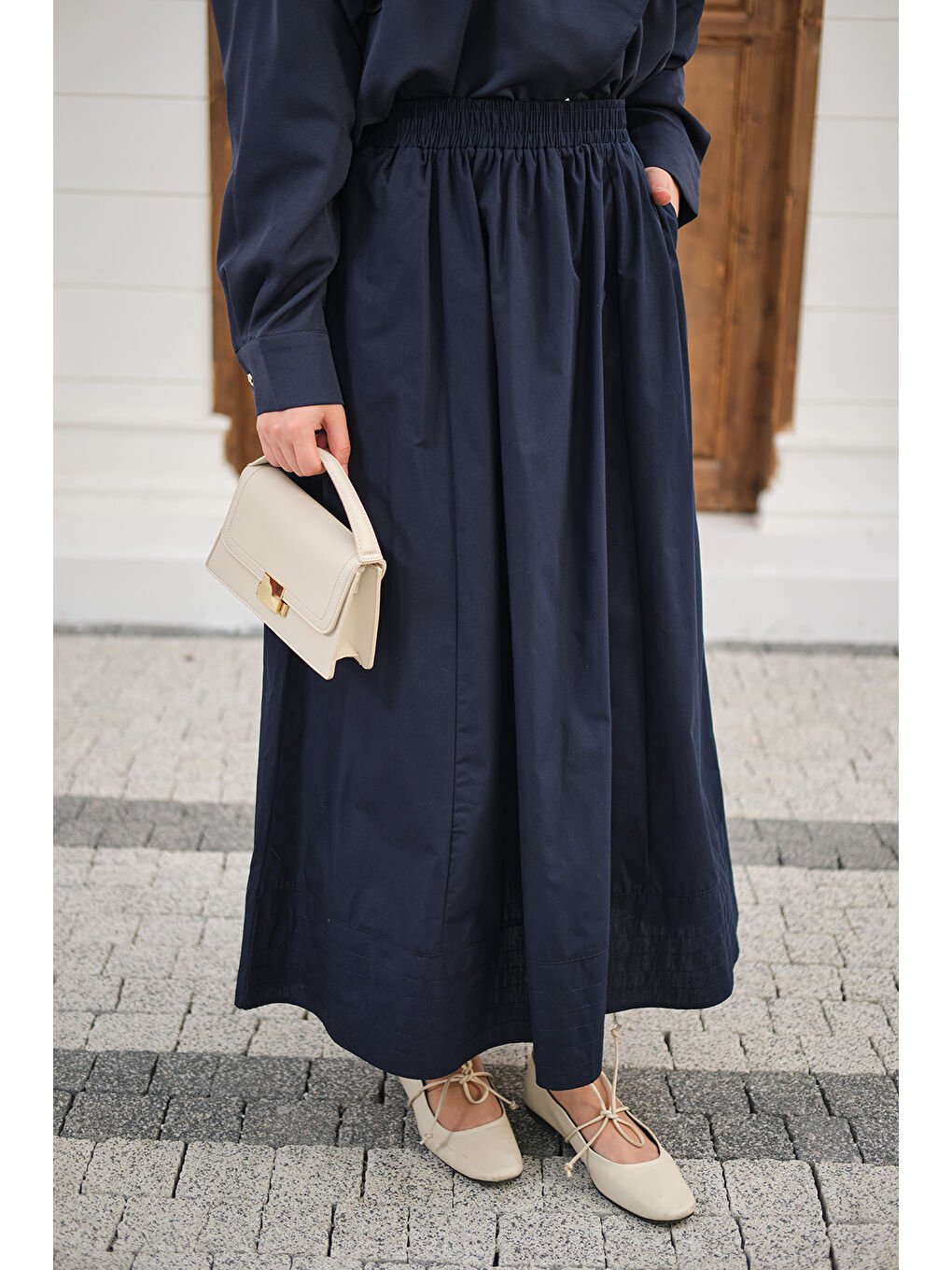 Kadın Beli Lastikli Kırışık Etek Lacivert