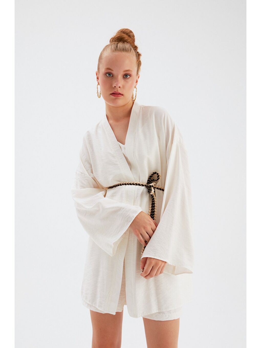 Kuşak Detaylı Salaş Kimono - Ekru-4