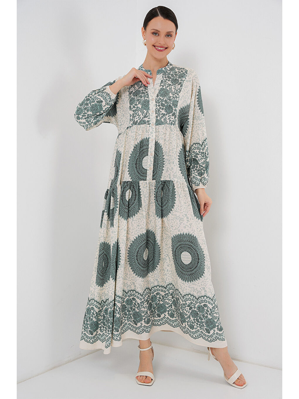 Yeşil 2423 Otantik Desenli Tesettür Elbise - C. Çağla