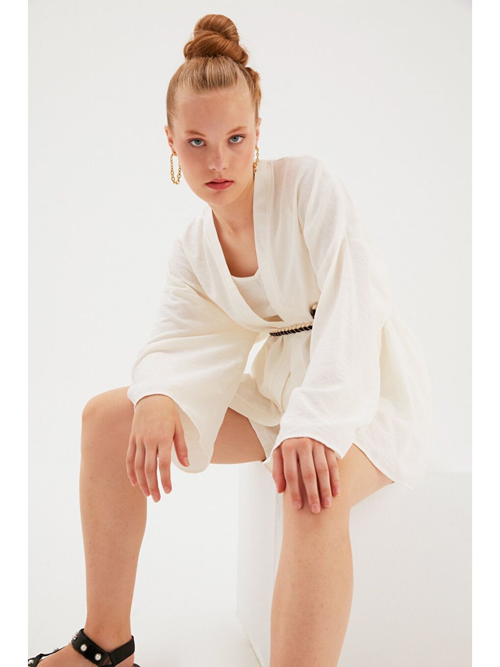 Kuşak Detaylı Salaş Kimono - Ekru-5