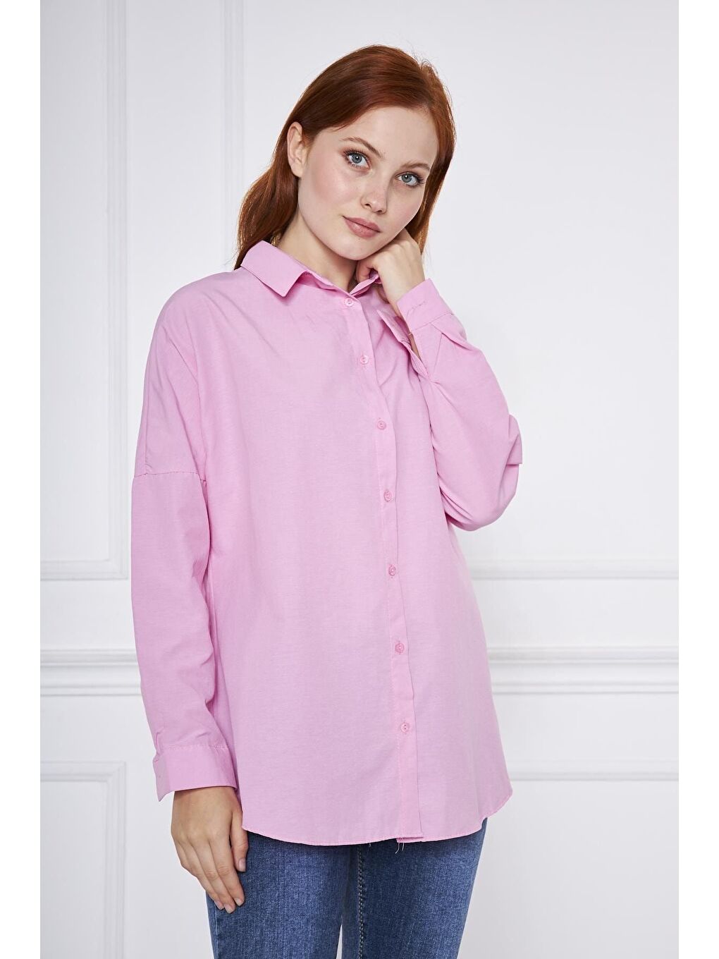 Kadın Oversize Uzun Basic Fuşya Gömlek-3