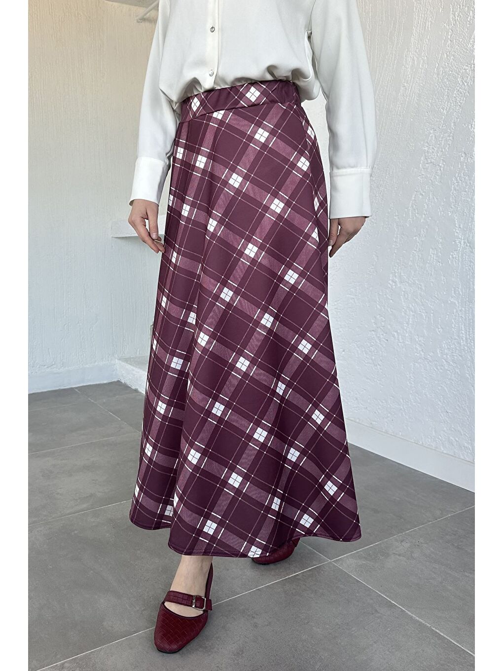 Bordo Kadın Ekose Desenli Tesettür Etek-1