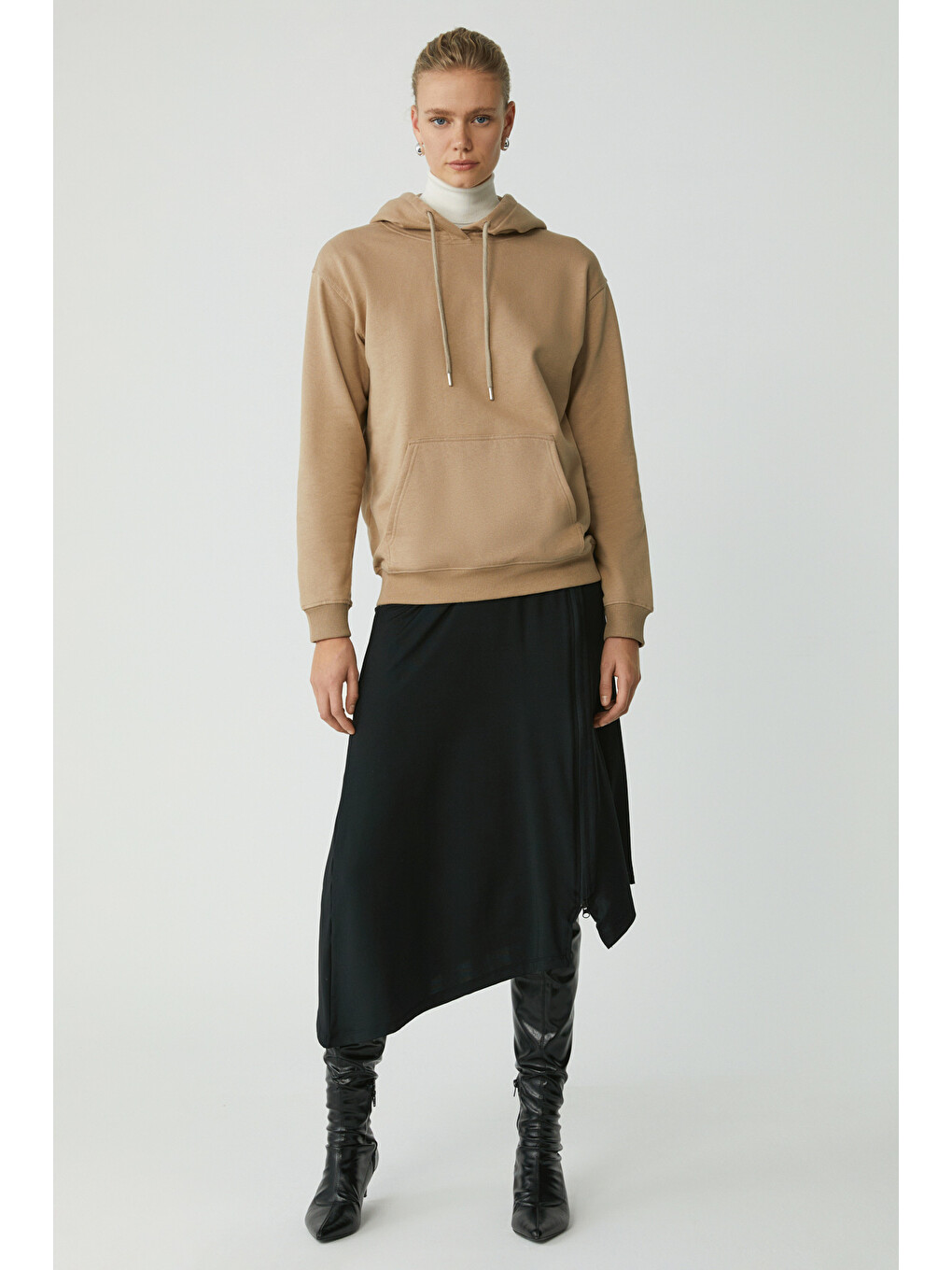 Bej Abelıa Kadın Pamuklu Içi Polarlı Yumuşacık Kalın Kumaşlı Kapüşonlu Örme Comfort Vizon Sweatshirt-1