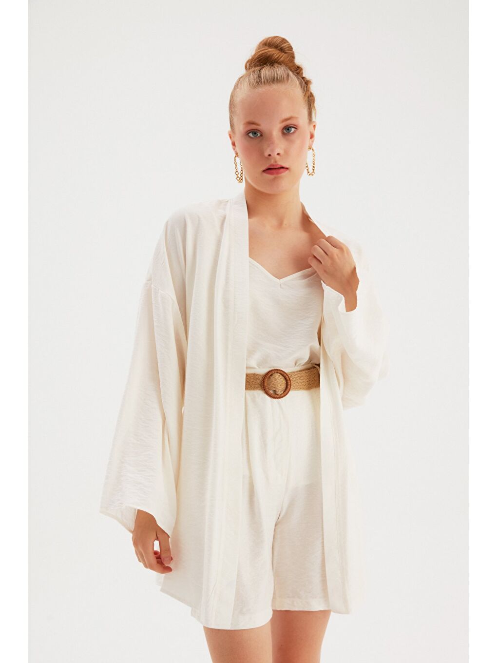 Kuşak Detaylı Salaş Kimono - Ekru-6