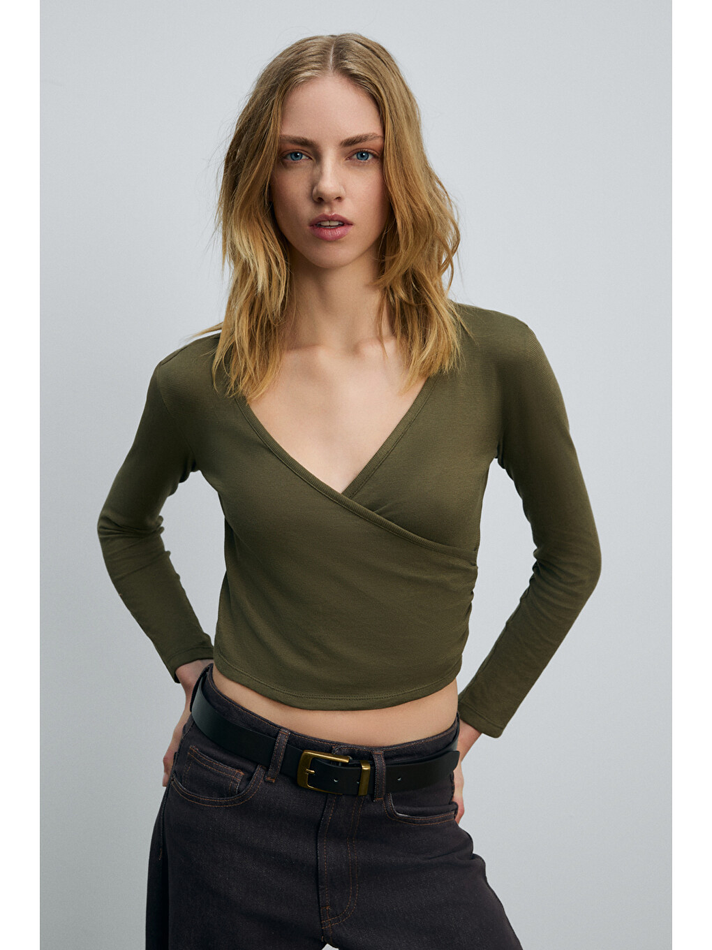 Callorıa Kadın V Yakalı Uzun Kollu Slim Fit Haki Bluz-3
