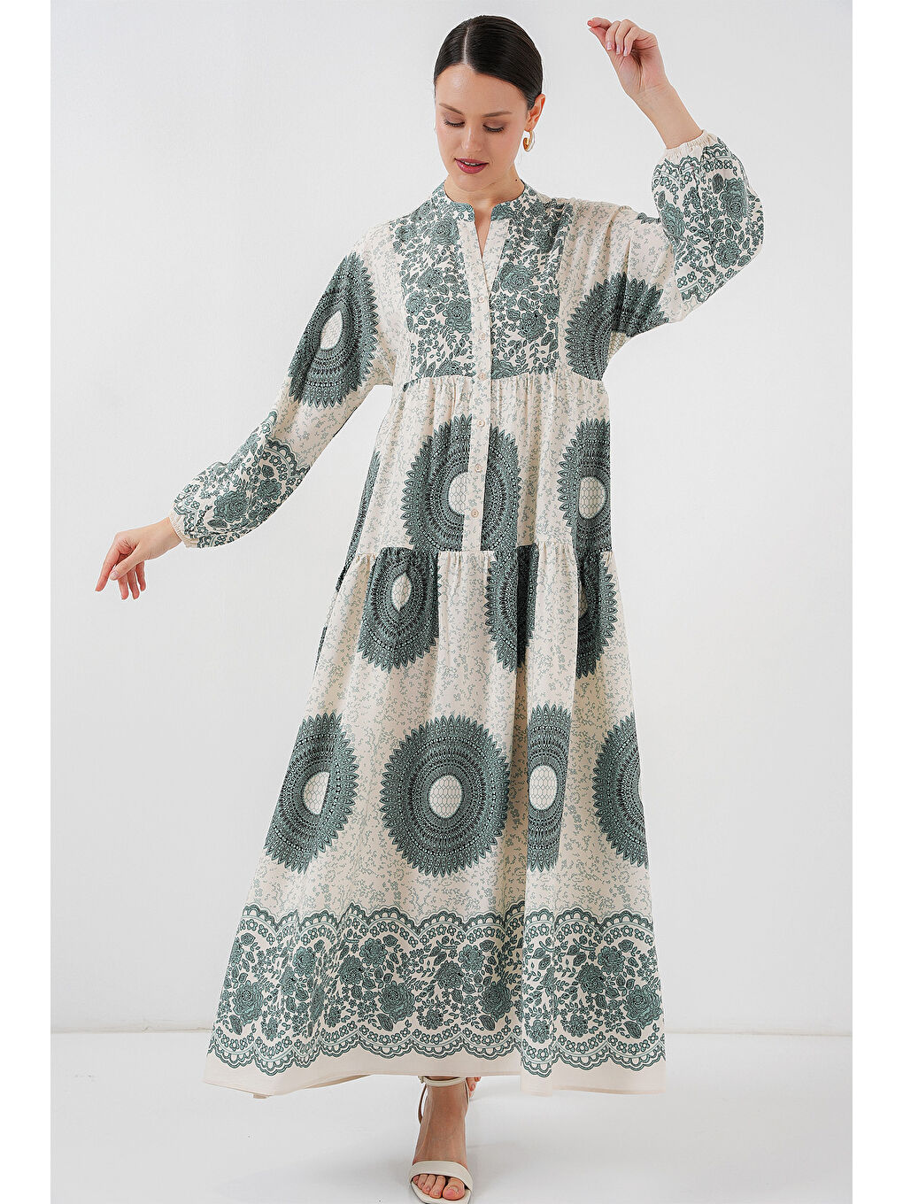 Yeşil 2423 Otantik Desenli Tesettür Elbise - C. Çağla-2