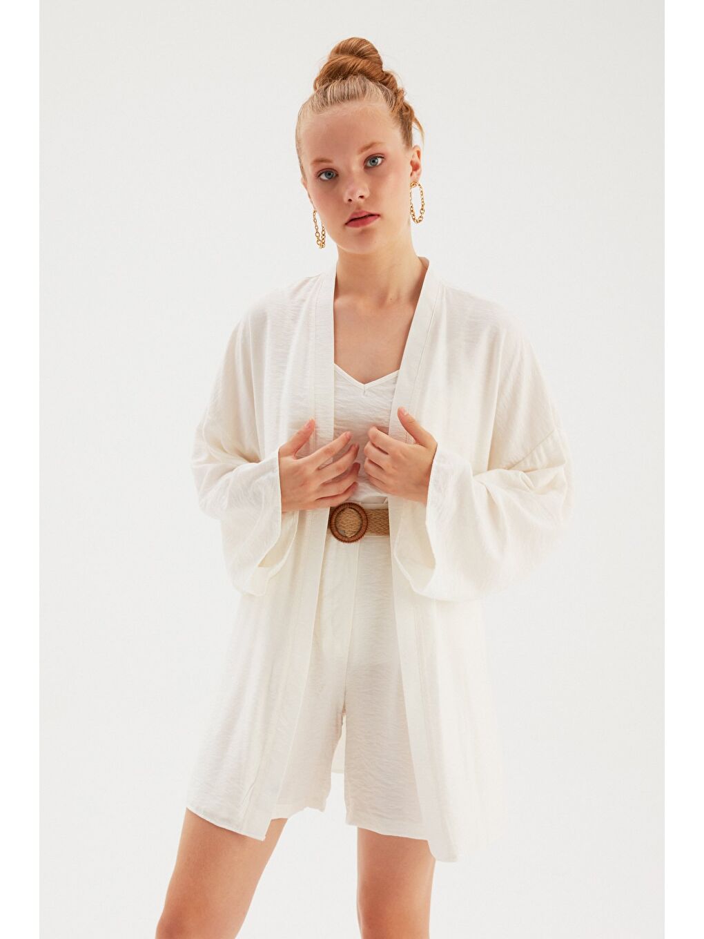 Kuşak Detaylı Salaş Kimono - Ekru-7