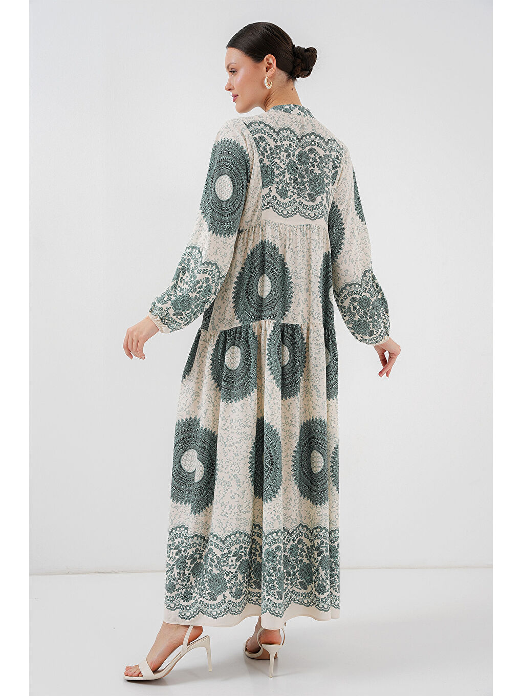 Yeşil 2423 Otantik Desenli Tesettür Elbise - C. Çağla-4