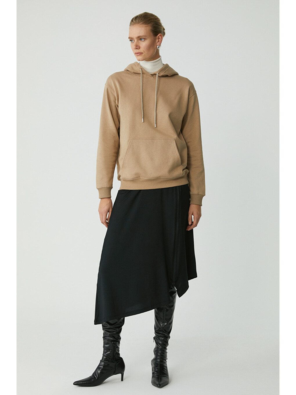 Bej Abelıa Kadın Pamuklu Içi Polarlı Yumuşacık Kalın Kumaşlı Kapüşonlu Örme Comfort Vizon Sweatshirt-2