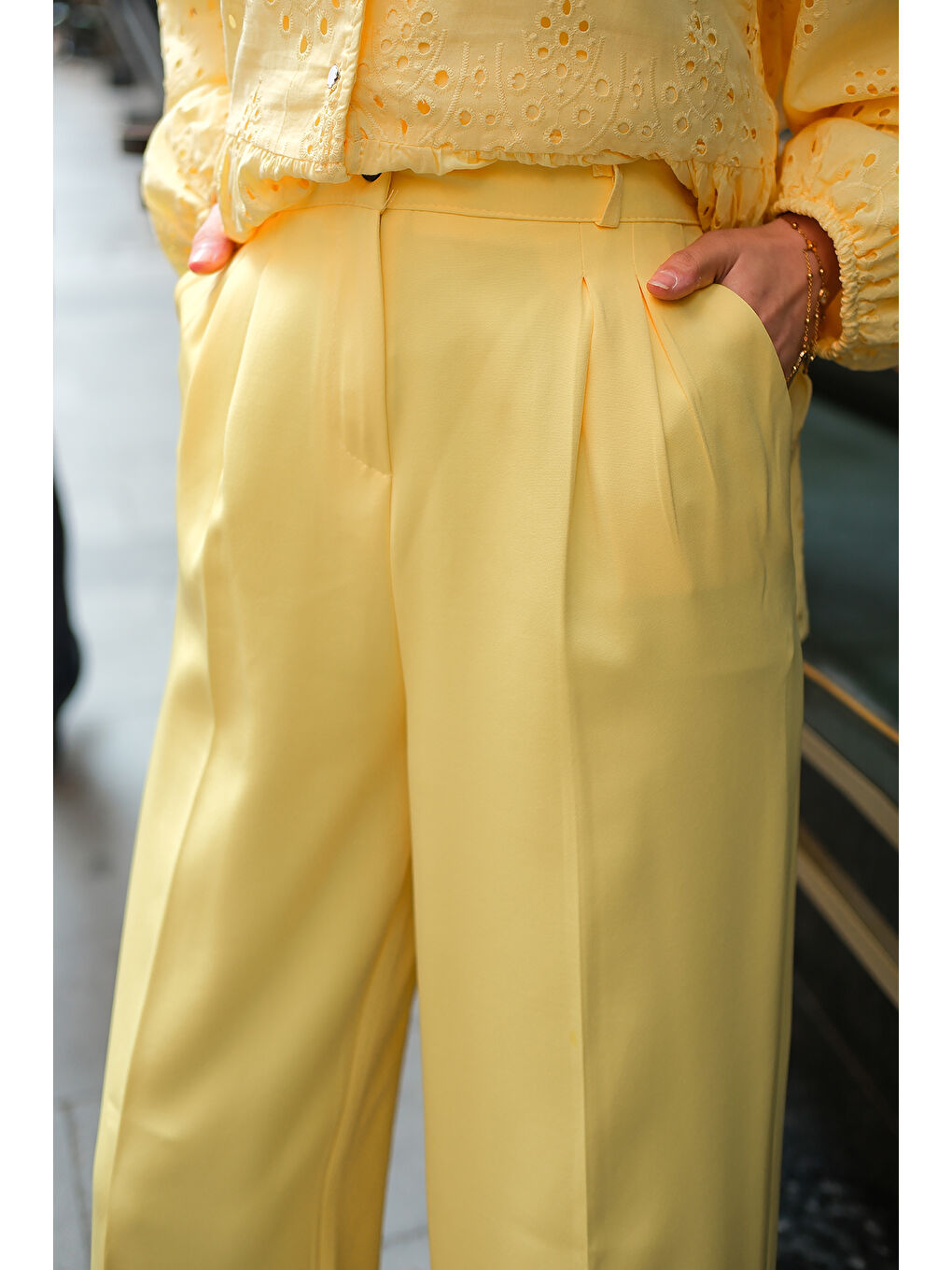 Kadın Yüksek Bel Palazzo Pantolon Sarı-4
