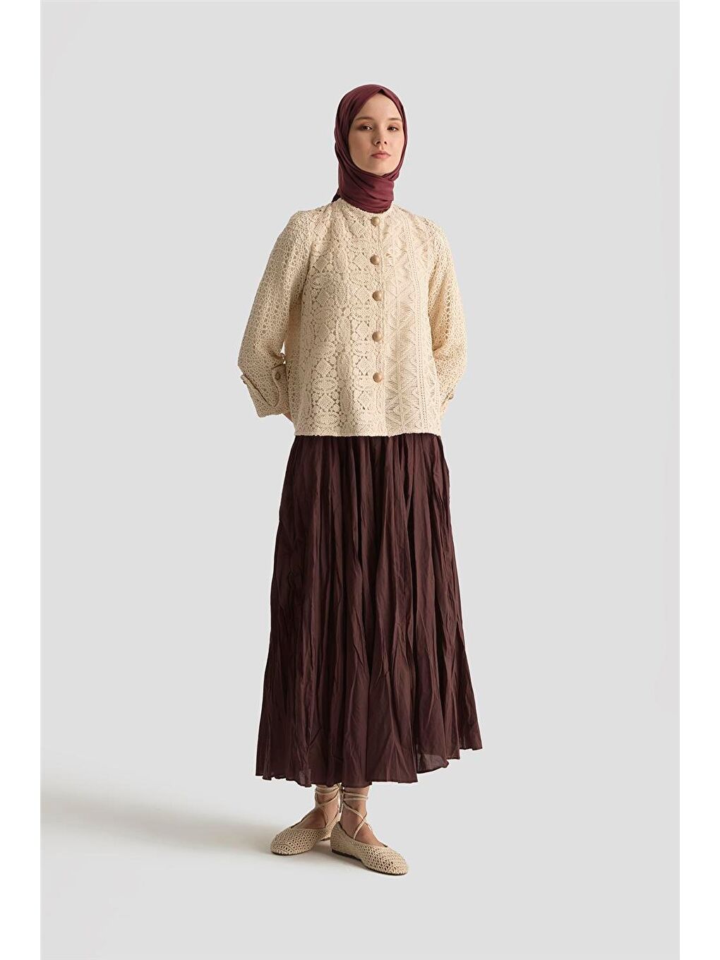 Kahverengi Kırışık Vual Etek 25Yd9180 Kızıl Kahve-1