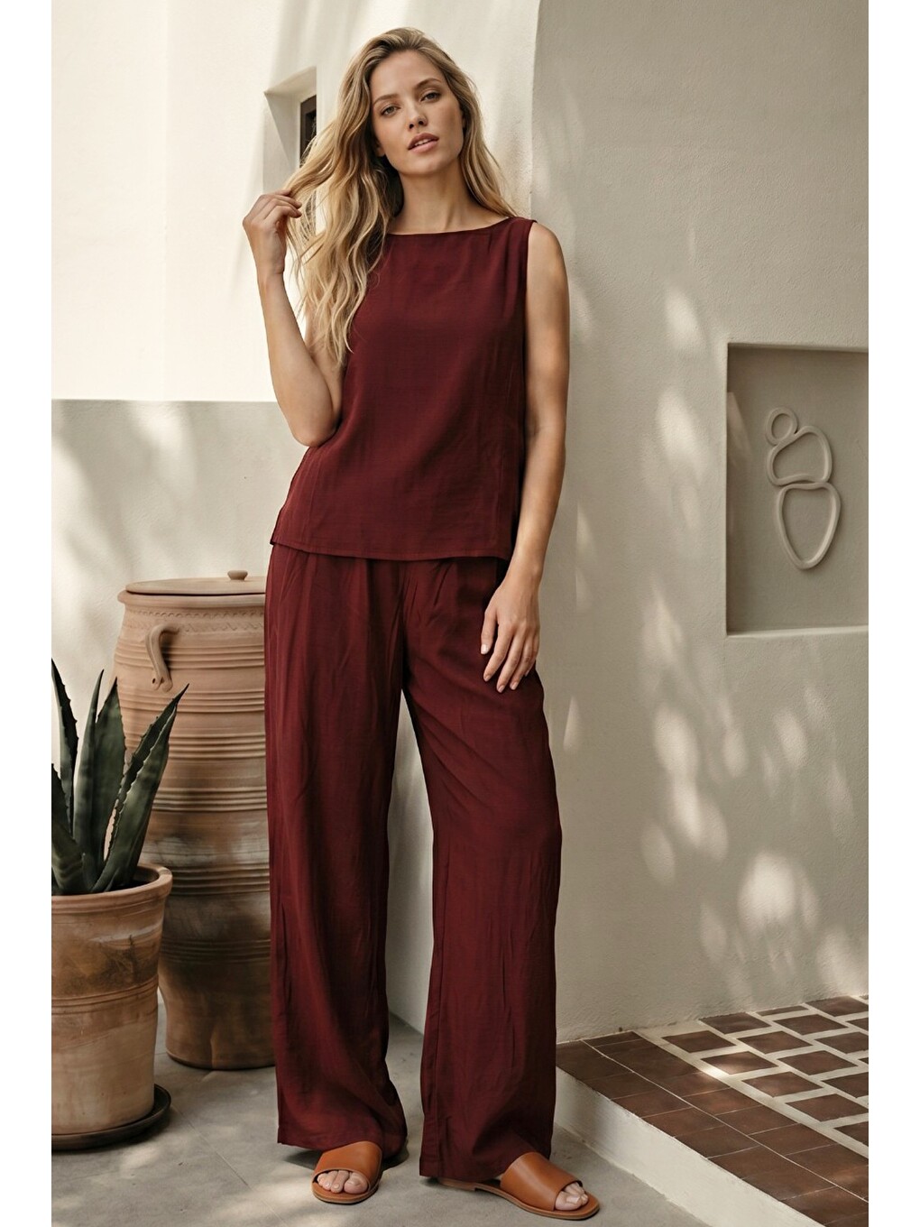 Bordo Kalın Askılı Bluz Beli Lastikli Pantolon Dokuma Modal Alt-üst Takım 8051