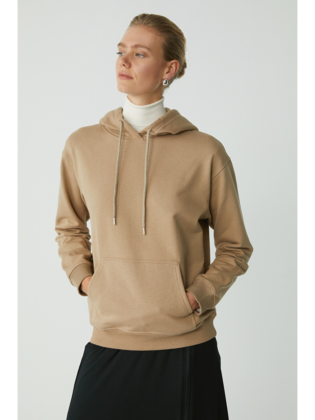 Bej Abelıa Kadın Pamuklu Içi Polarlı Yumuşacık Kalın Kumaşlı Kapüşonlu Örme Comfort Vizon Sweatshirt-3