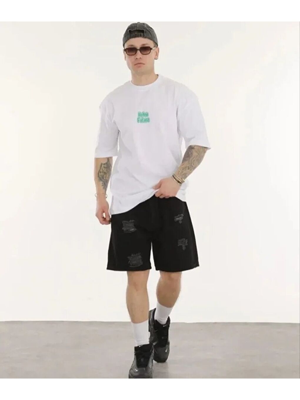 Unisex Bisiklet Yaka Baskılı Oversize T-Shirt - Beyaz