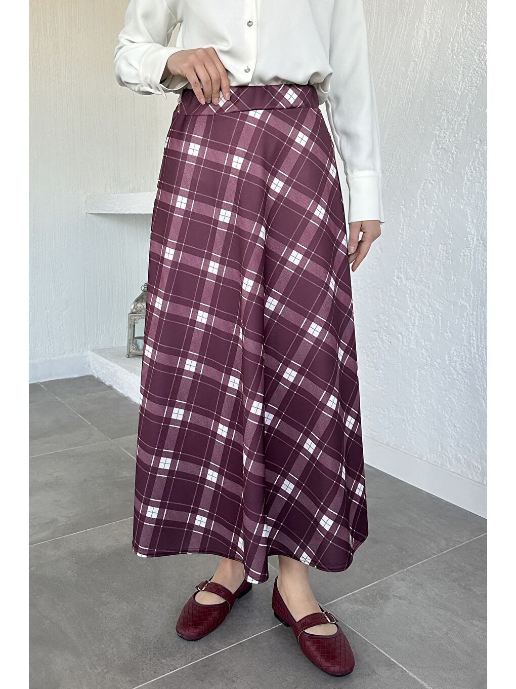 Bordo Kadın Ekose Desenli Tesettür Etek-3