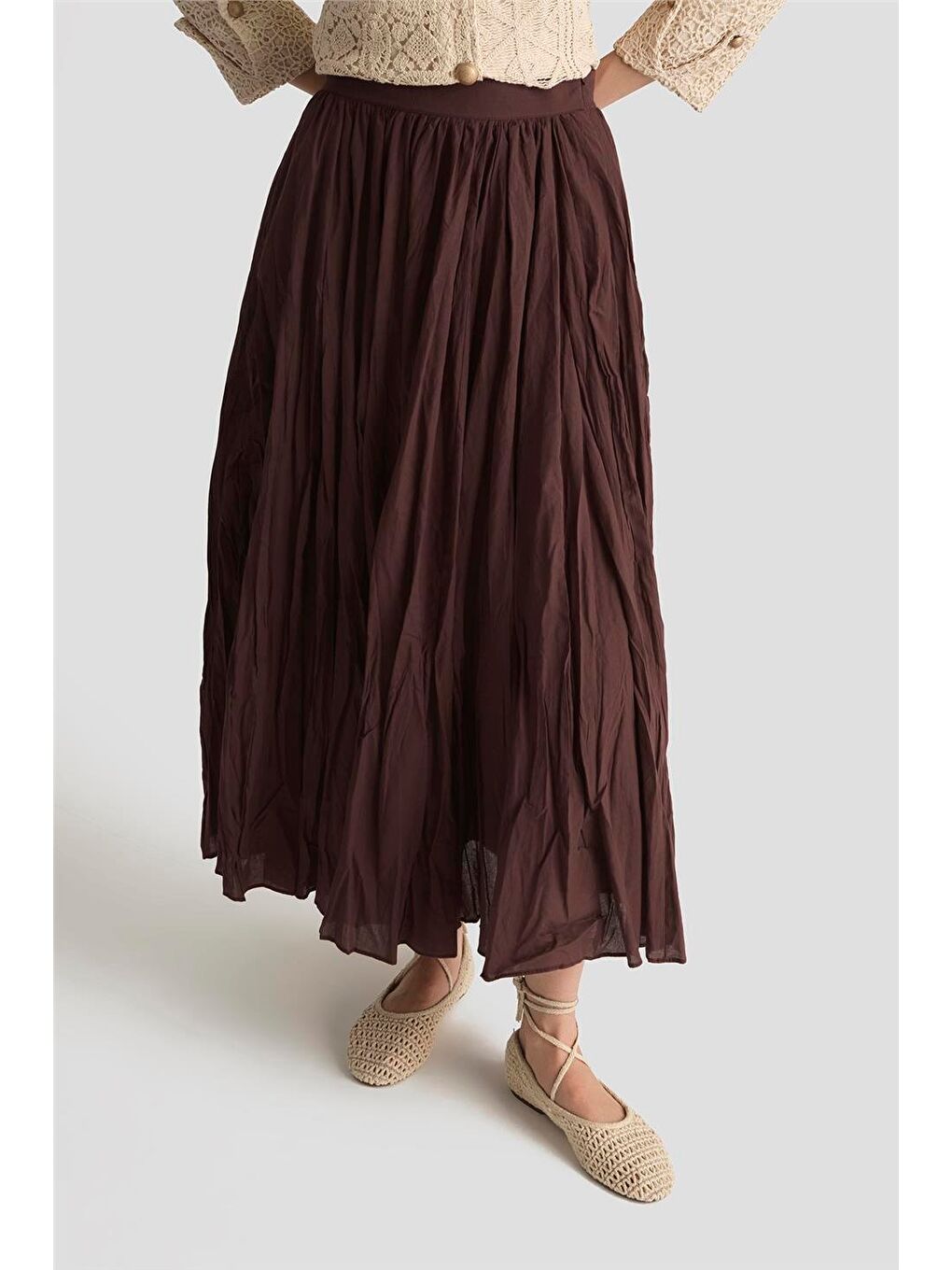 Kahverengi Kırışık Vual Etek 25Yd9180 Kızıl Kahve-2