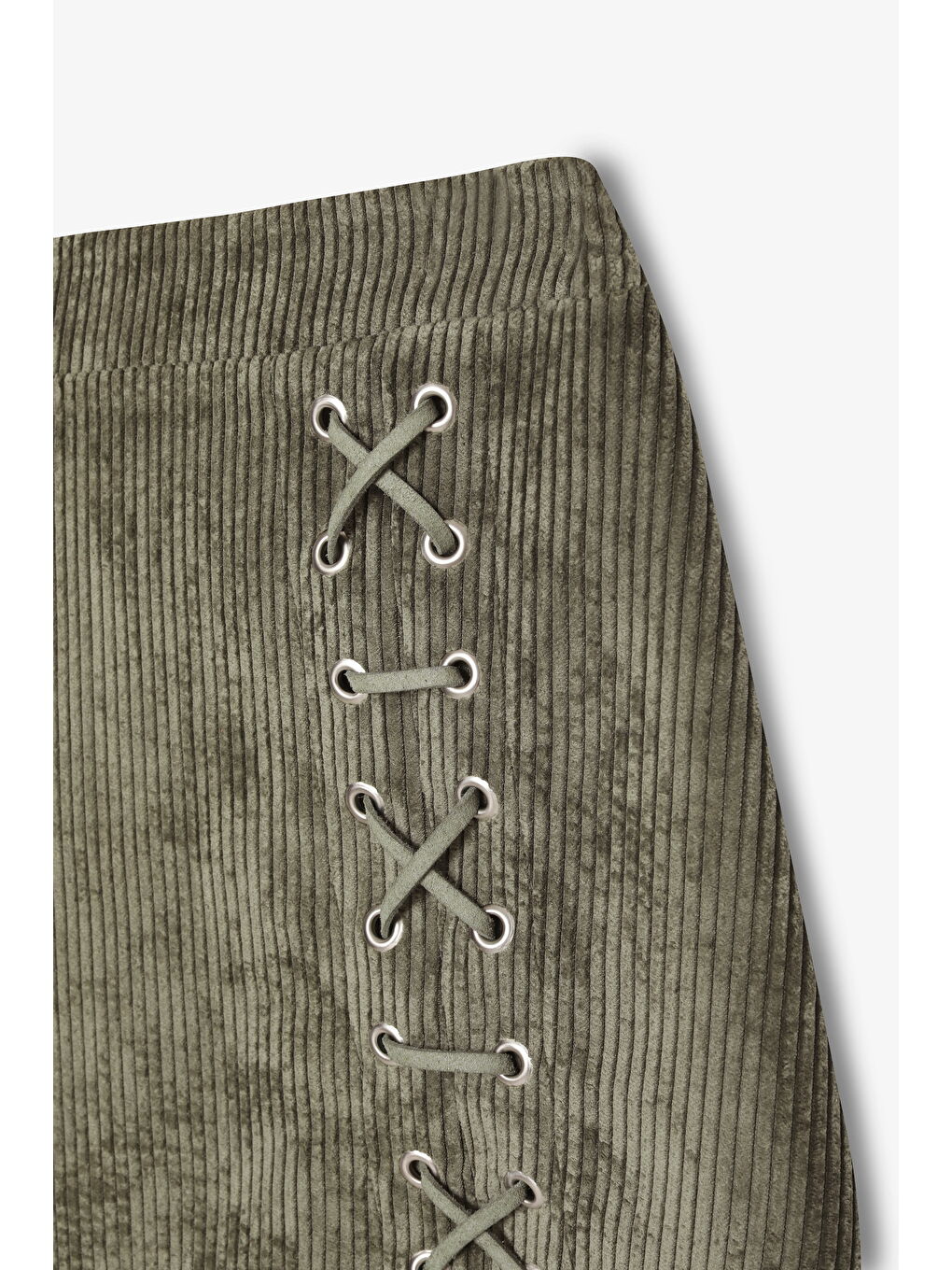 Bağcıklı Kadife Fitilli Mini Etek Haki-1