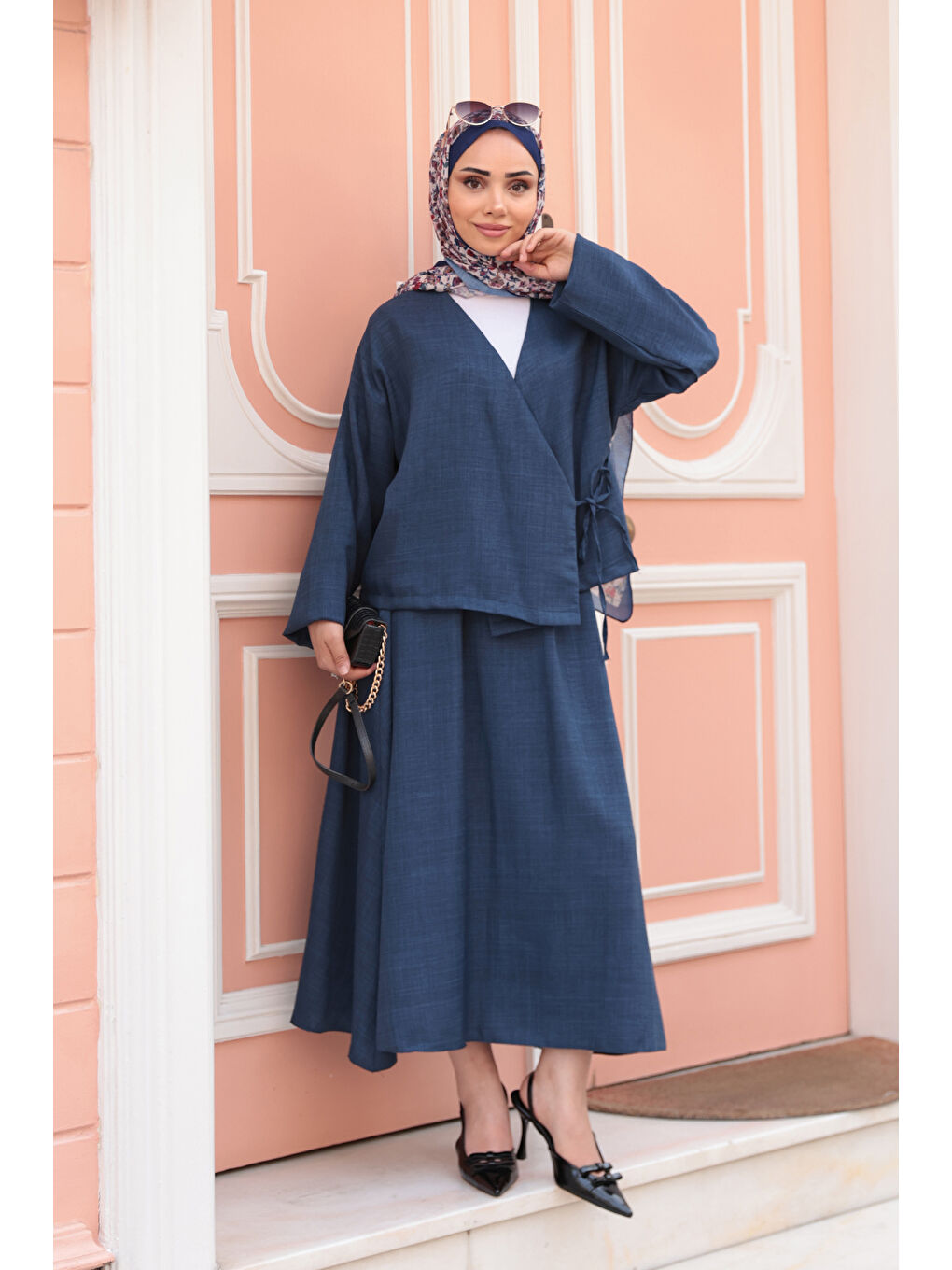 Kadın Yandan Bağlamalı Etekli Takım Lacivert-2