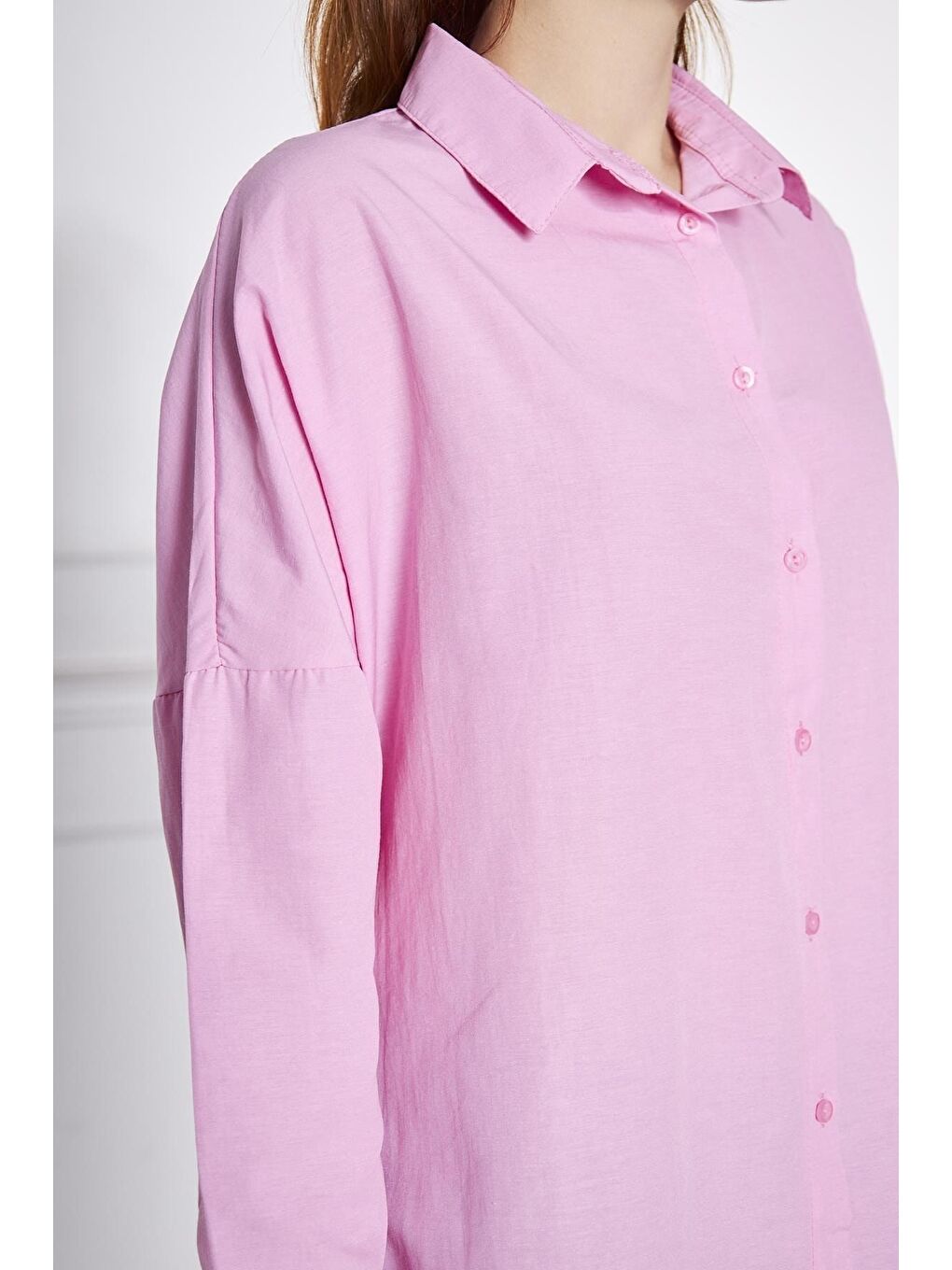 Kadın Oversize Uzun Basic Fuşya Gömlek-5