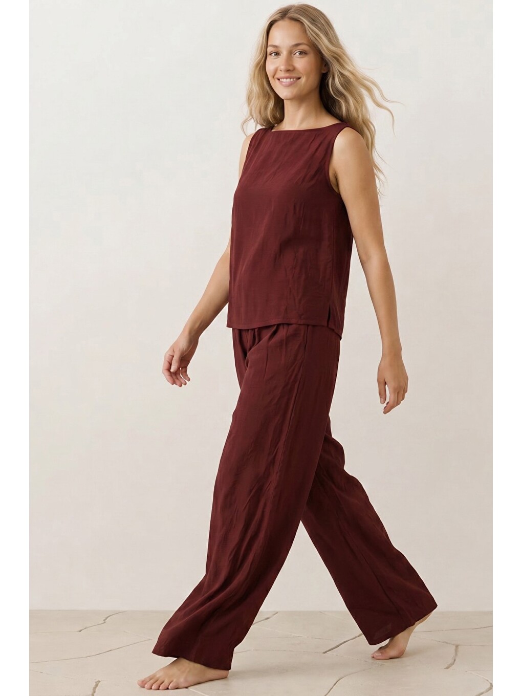Bordo Kalın Askılı Bluz Beli Lastikli Pantolon Dokuma Modal Alt-üst Takım 8051-1