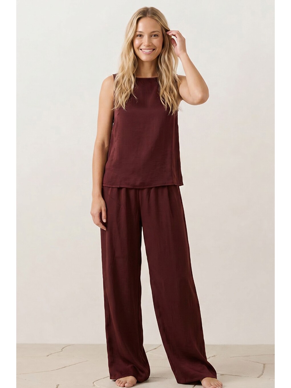 Bordo Kalın Askılı Bluz Beli Lastikli Pantolon Dokuma Modal Alt-üst Takım 8051-2