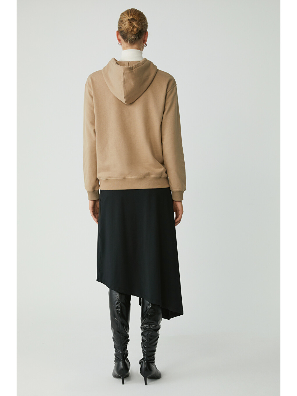 Bej Abelıa Kadın Pamuklu Içi Polarlı Yumuşacık Kalın Kumaşlı Kapüşonlu Örme Comfort Vizon Sweatshirt-4