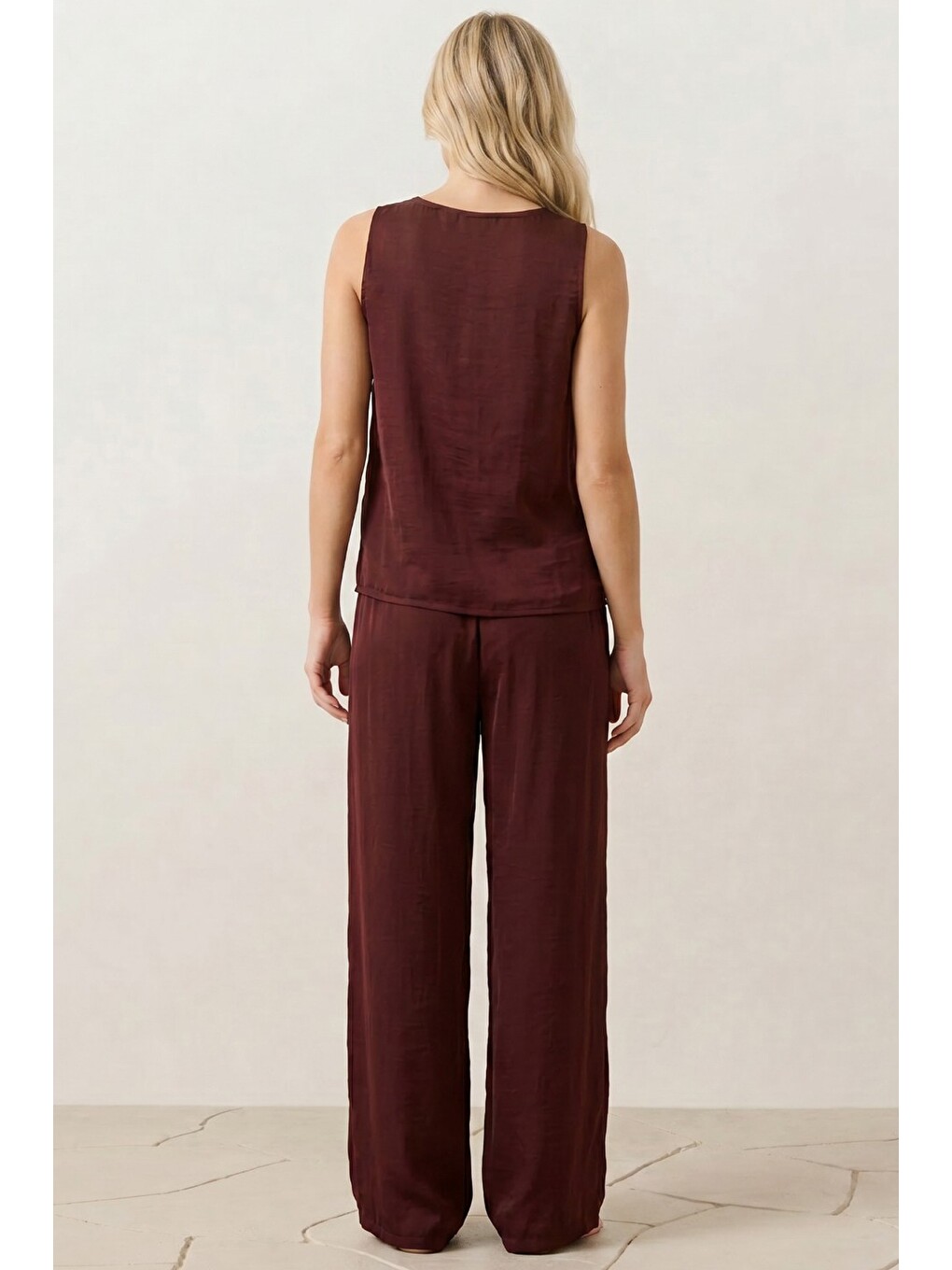Bordo Kalın Askılı Bluz Beli Lastikli Pantolon Dokuma Modal Alt-üst Takım 8051-3