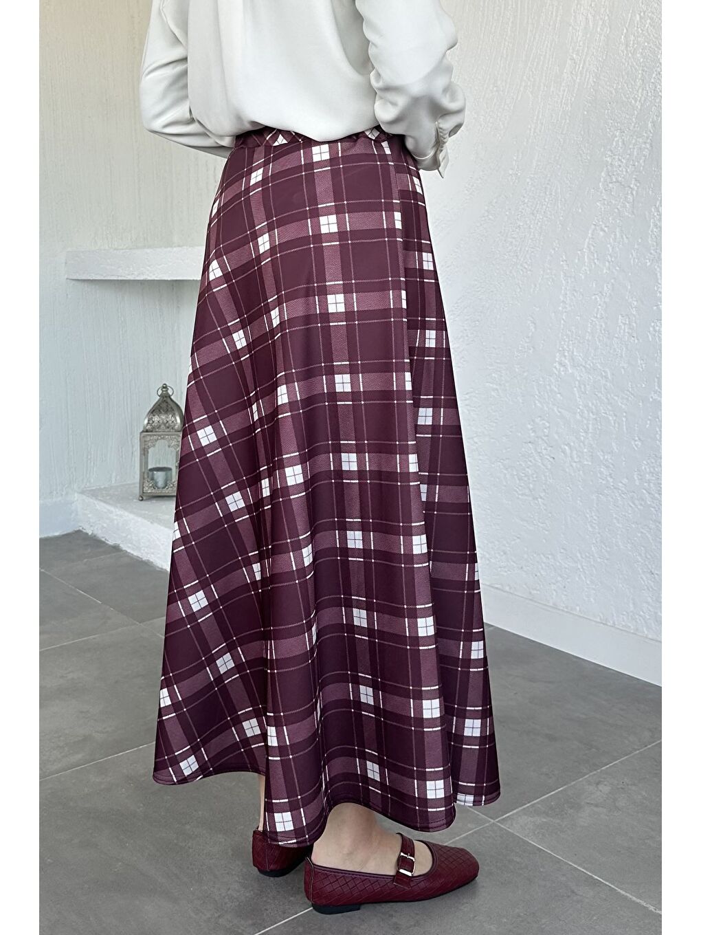 Bordo Kadın Ekose Desenli Tesettür Etek-4