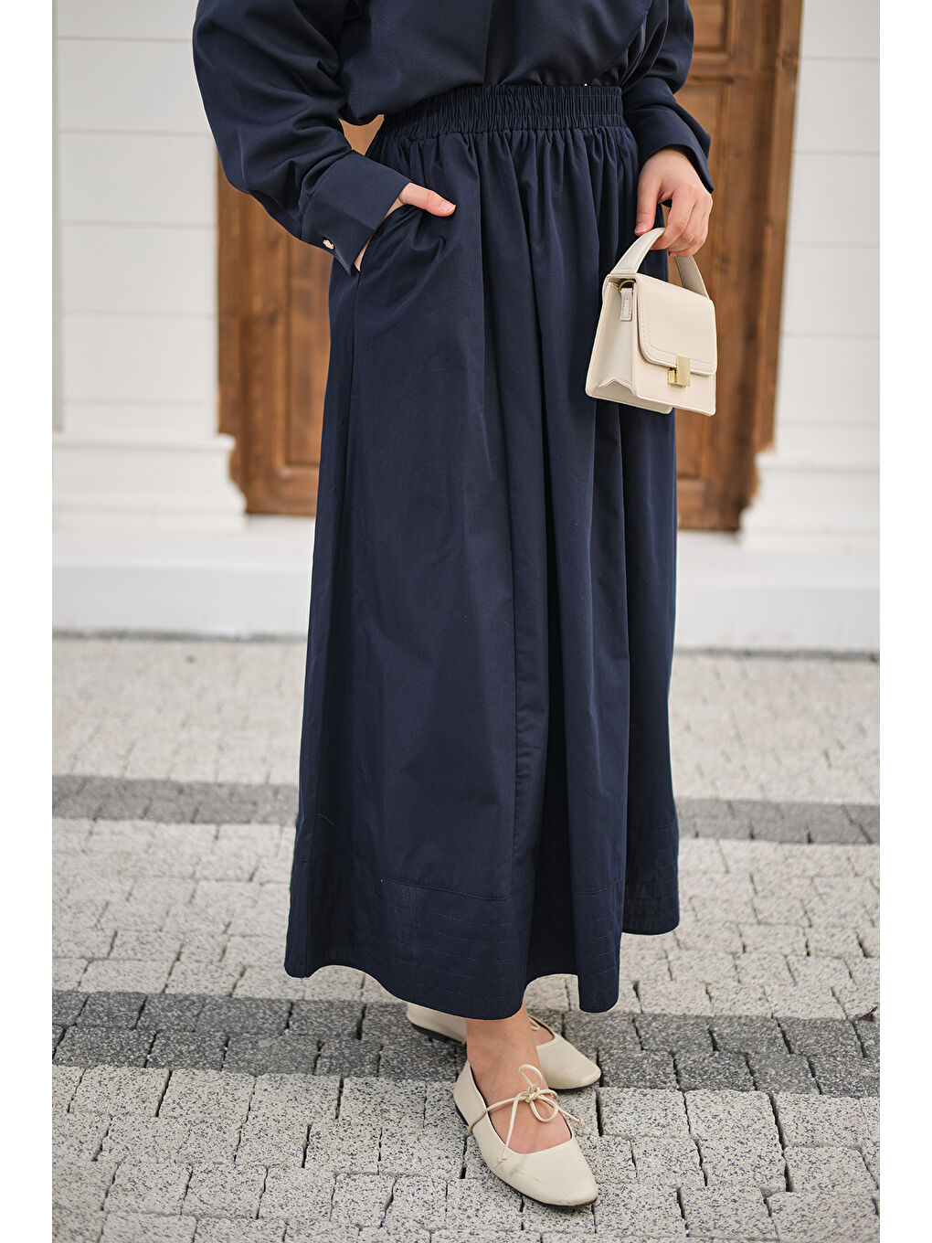 Kadın Beli Lastikli Kırışık Etek Lacivert-1