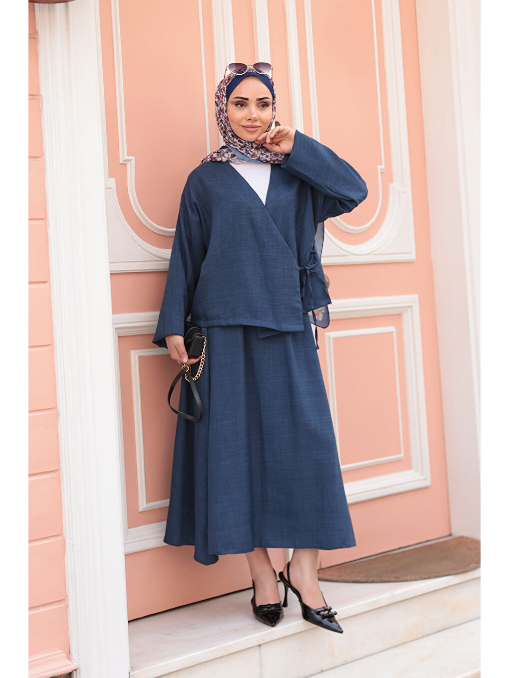 Kadın Yandan Bağlamalı Etekli Takım Lacivert-3