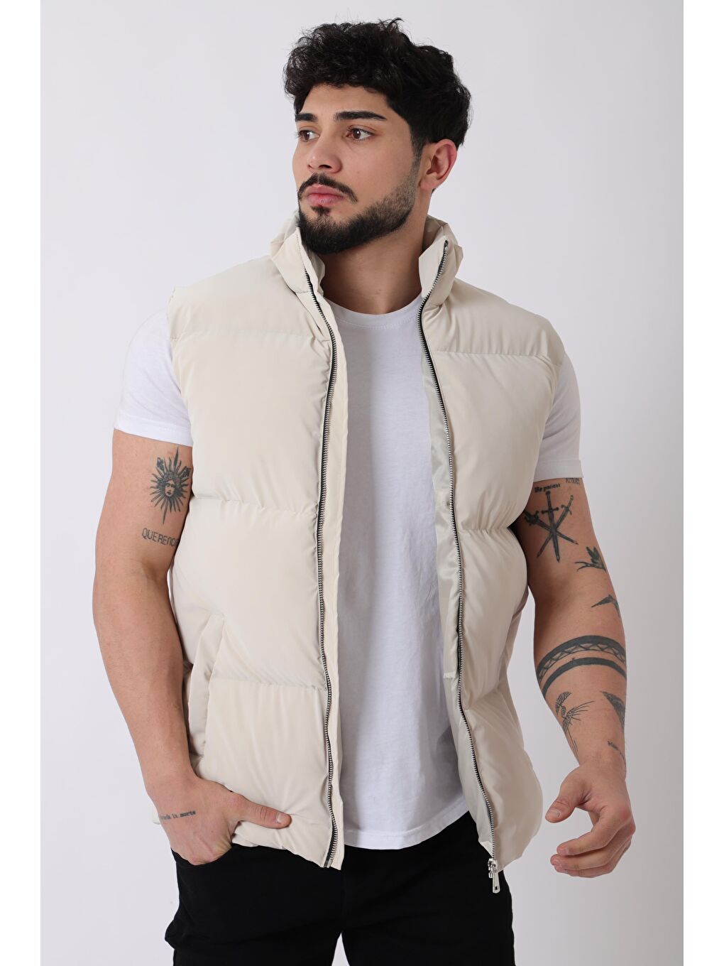 Ekru Dik Yaka Demir Fermuarlı Nova Yelek VKS_60325