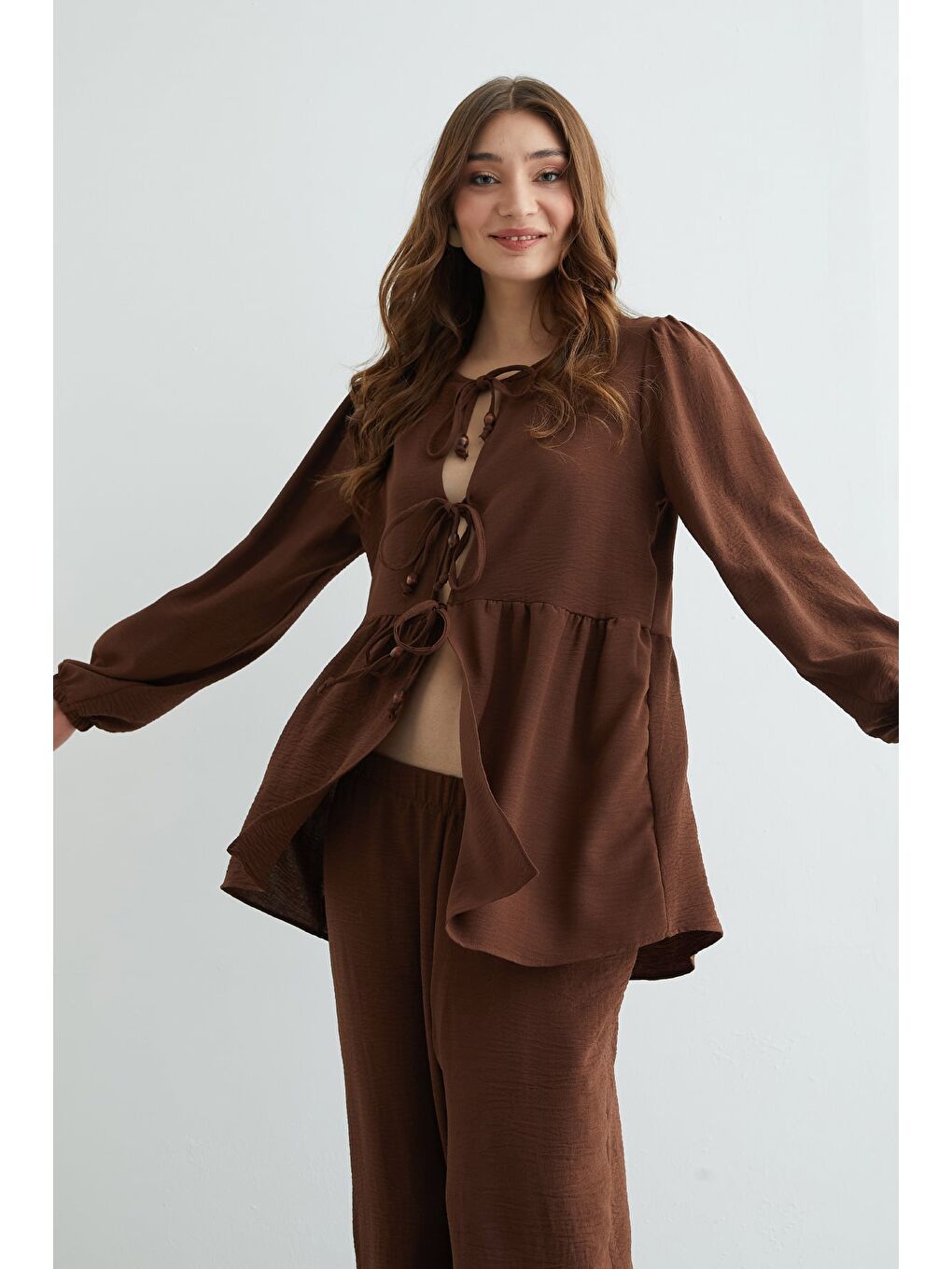 Kahverengi Fullamodest Önü Bağlamalı Ayrobin Kimono 2 Li Takım-2