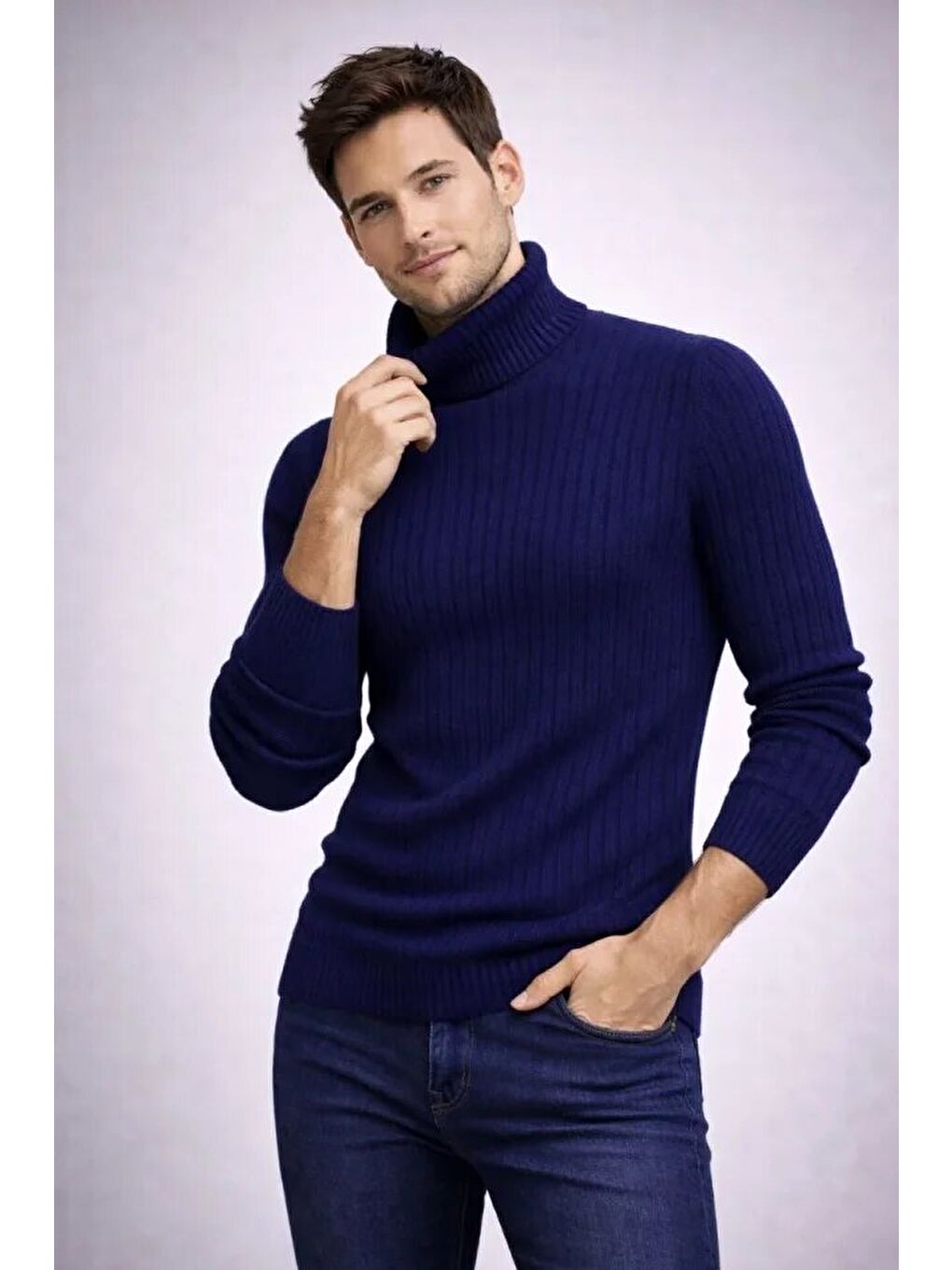 Lacivert Erkek Balıkcı Yaka Bağazlı Triko Kazak Pamuklu Kalın Fitilli Dokuma, Regular Fit Uzun Kollu Kışlık M-1
