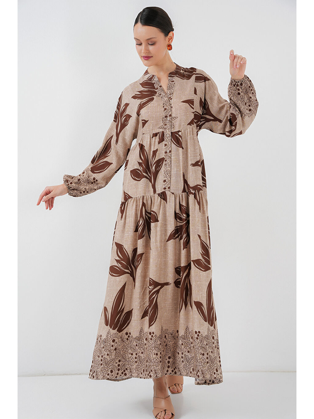 2423 Otantik Desenli Tesettür Elbise - F.Bej-2