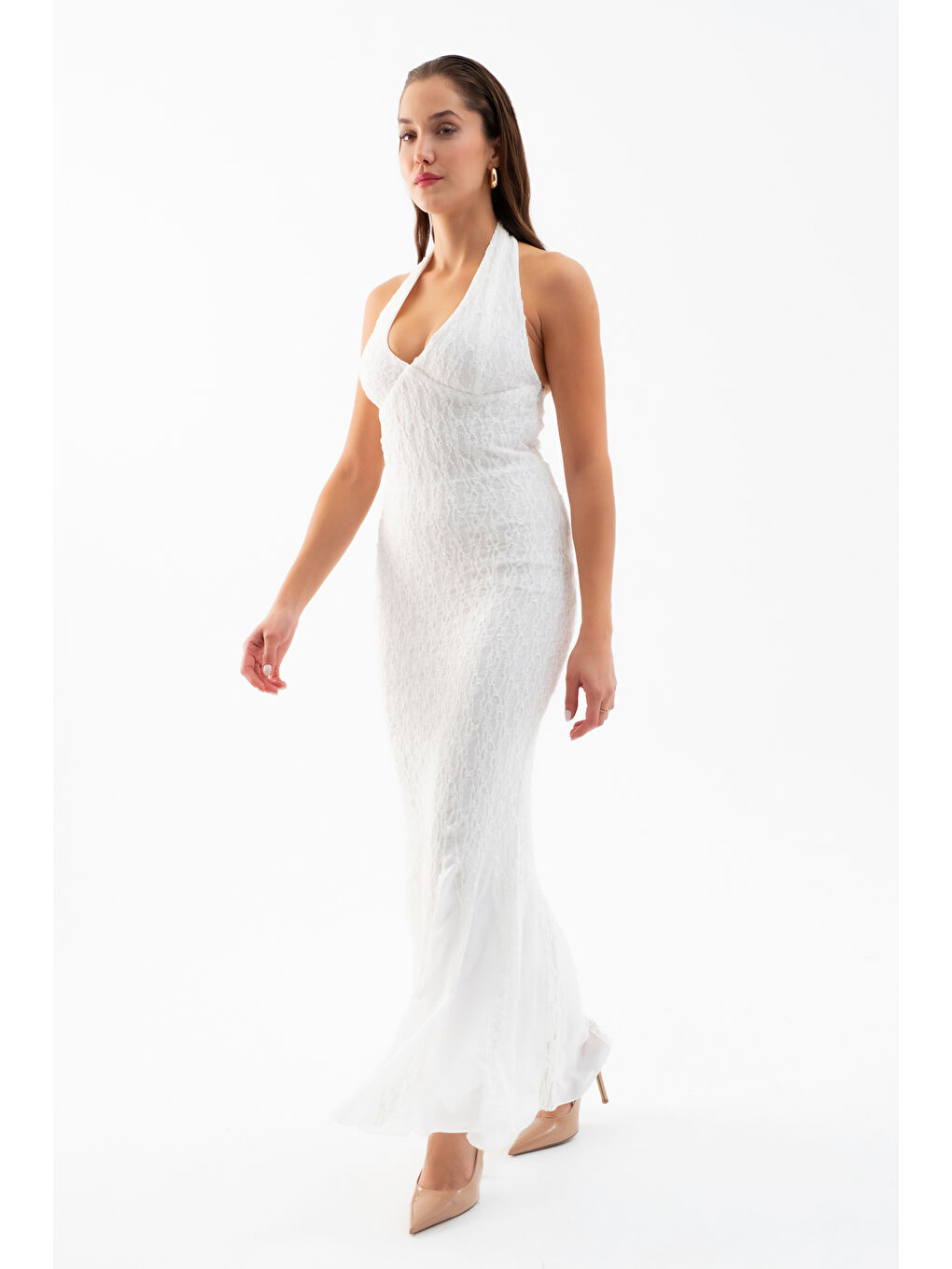 Kadın Beyaz Halter Yaka Uzun Dantel Elbise-2