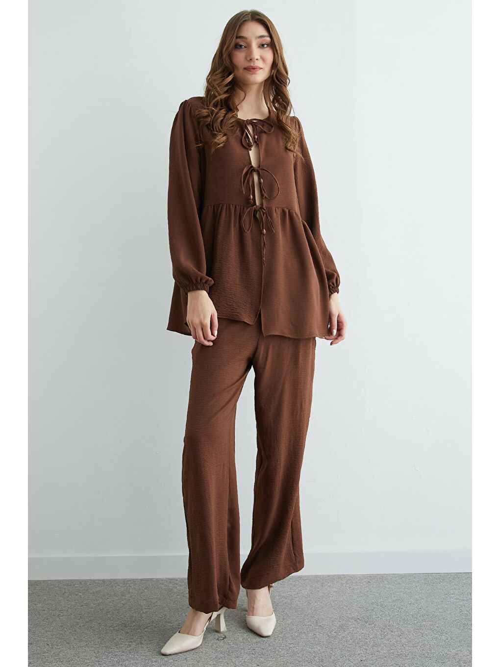 Kahverengi Fullamodest Önü Bağlamalı Ayrobin Kimono 2 Li Takım-3
