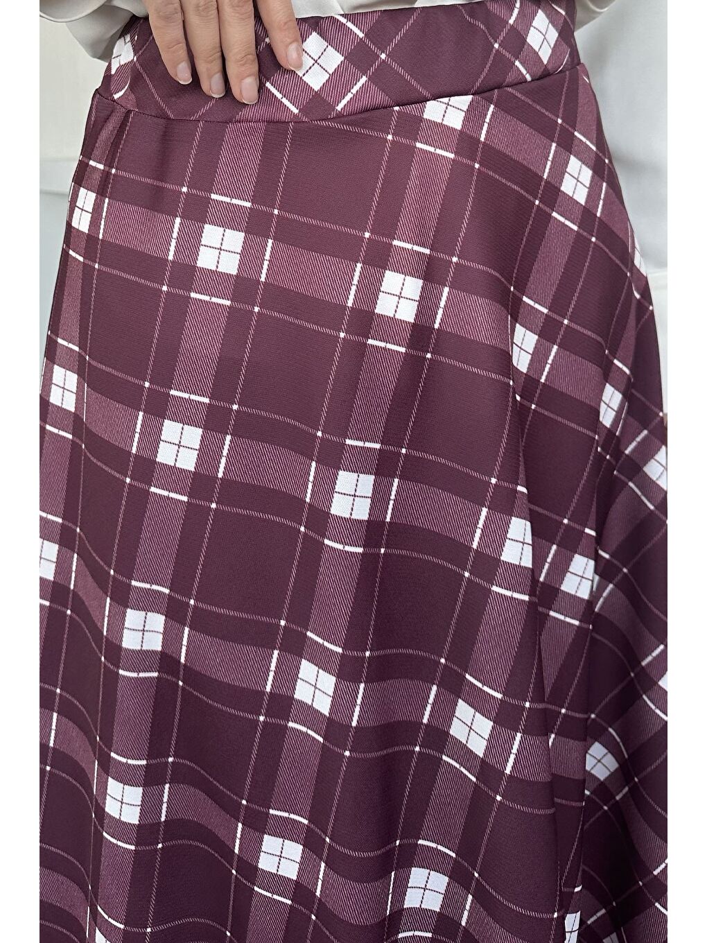 Bordo Kadın Ekose Desenli Tesettür Etek-6