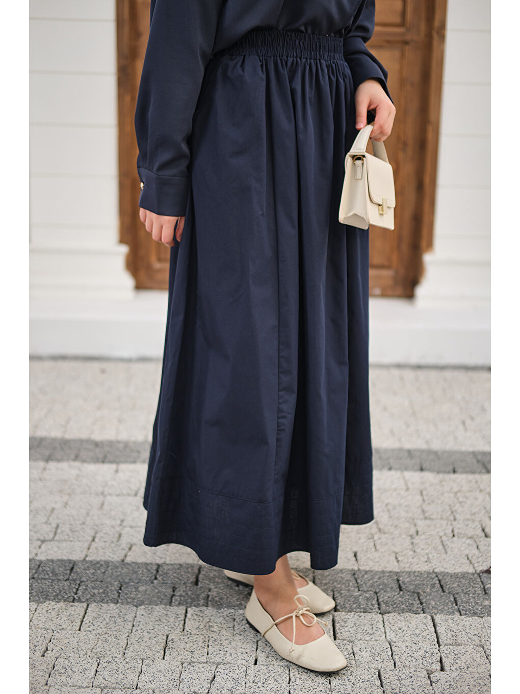 Kadın Beli Lastikli Kırışık Etek Lacivert-2