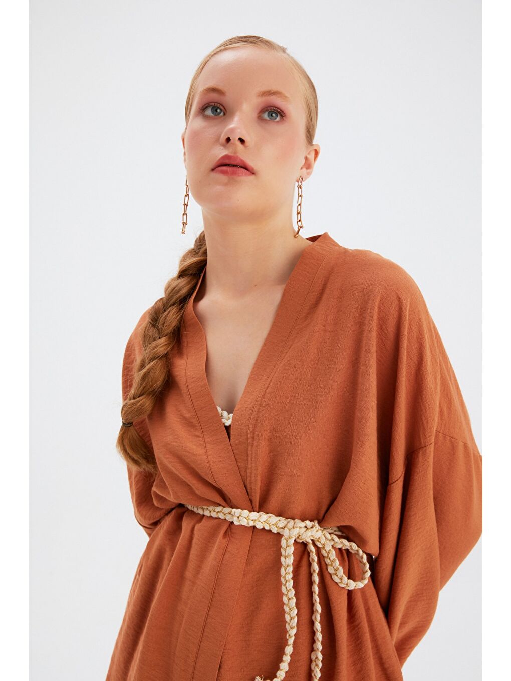 Kahverengi Kuşak Detaylı Salaş Kimono - Taba-1