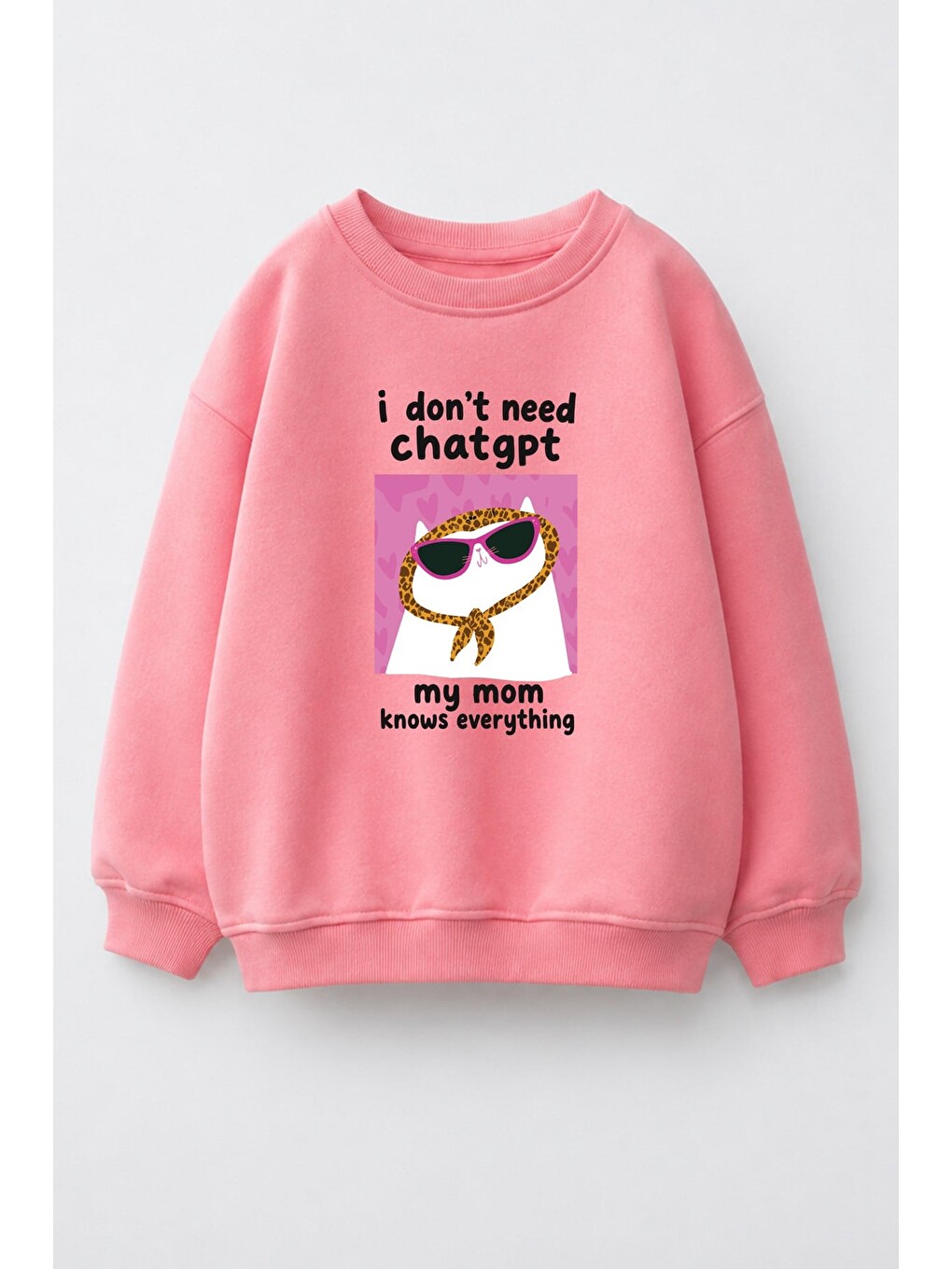 Pembe Kız Çocuk 3 İplik Kumaş Kedi Baskılı Pamuklu Sweatshirt