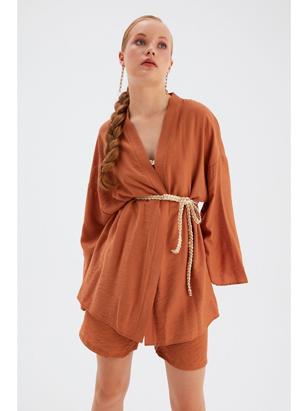 Kahverengi Kuşak Detaylı Salaş Kimono - Taba-2