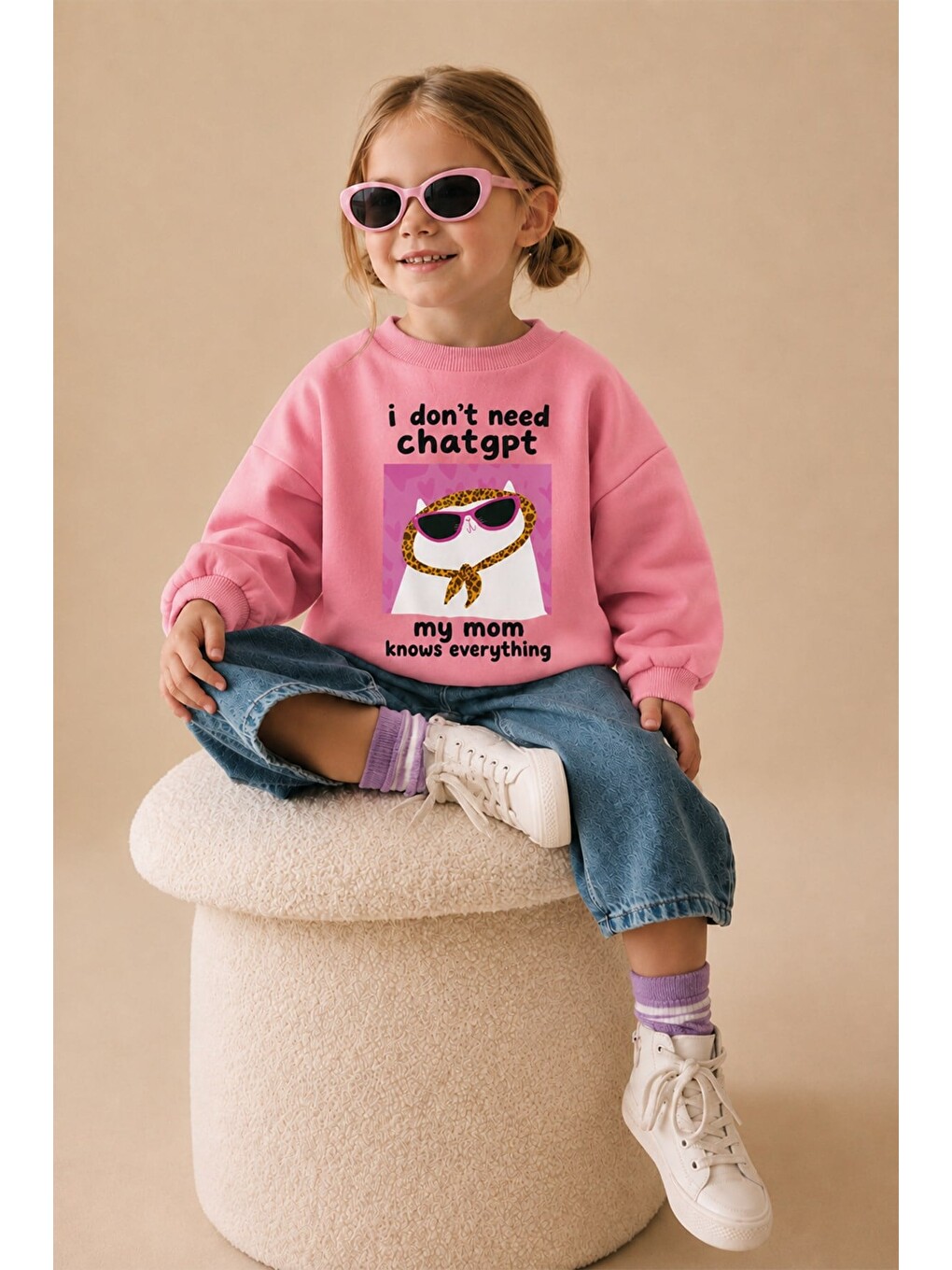 Pembe Kız Çocuk 3 İplik Kumaş Kedi Baskılı Pamuklu Sweatshirt-1