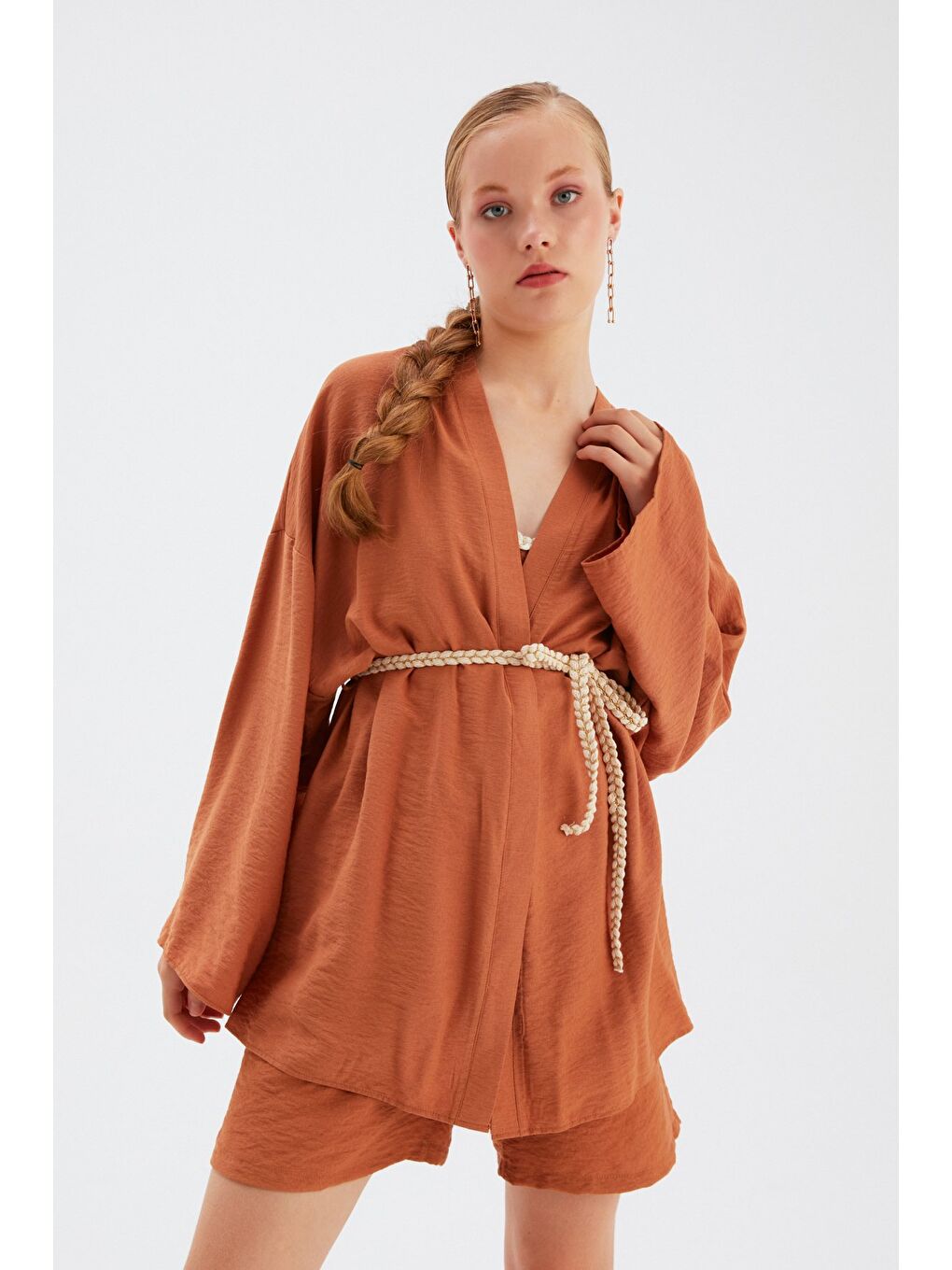 Kahverengi Kuşak Detaylı Salaş Kimono - Taba-3