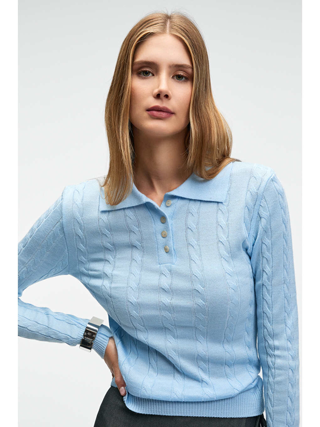 Castana Kadın Polo Yaka Düğmeli Regular Fit Triko Mavi Kazak-1