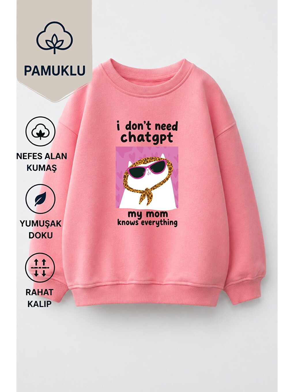 Pembe Kız Çocuk 3 İplik Kumaş Kedi Baskılı Pamuklu Sweatshirt-2