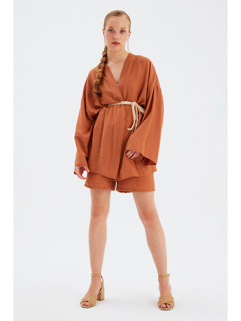 Kahverengi Kuşak Detaylı Salaş Kimono - Taba-4