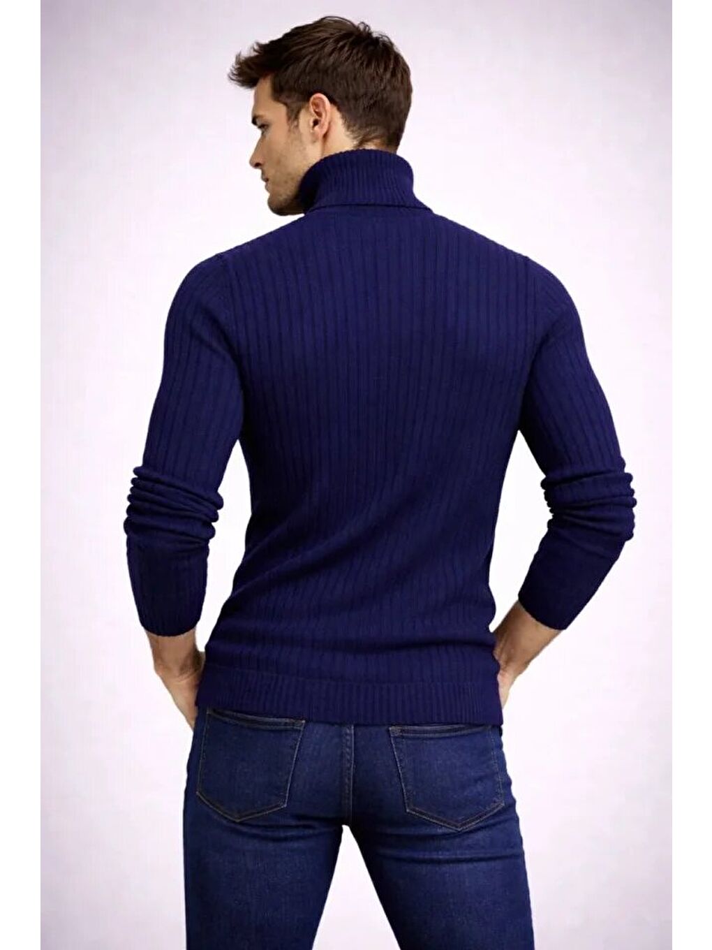 Lacivert Erkek Balıkcı Yaka Bağazlı Triko Kazak Pamuklu Kalın Fitilli Dokuma, Regular Fit Uzun Kollu Kışlık M-2