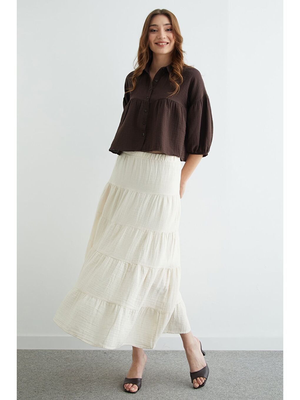 Kahverengi Balon Kol Salaş Müslin Kumaş Gömlek-1