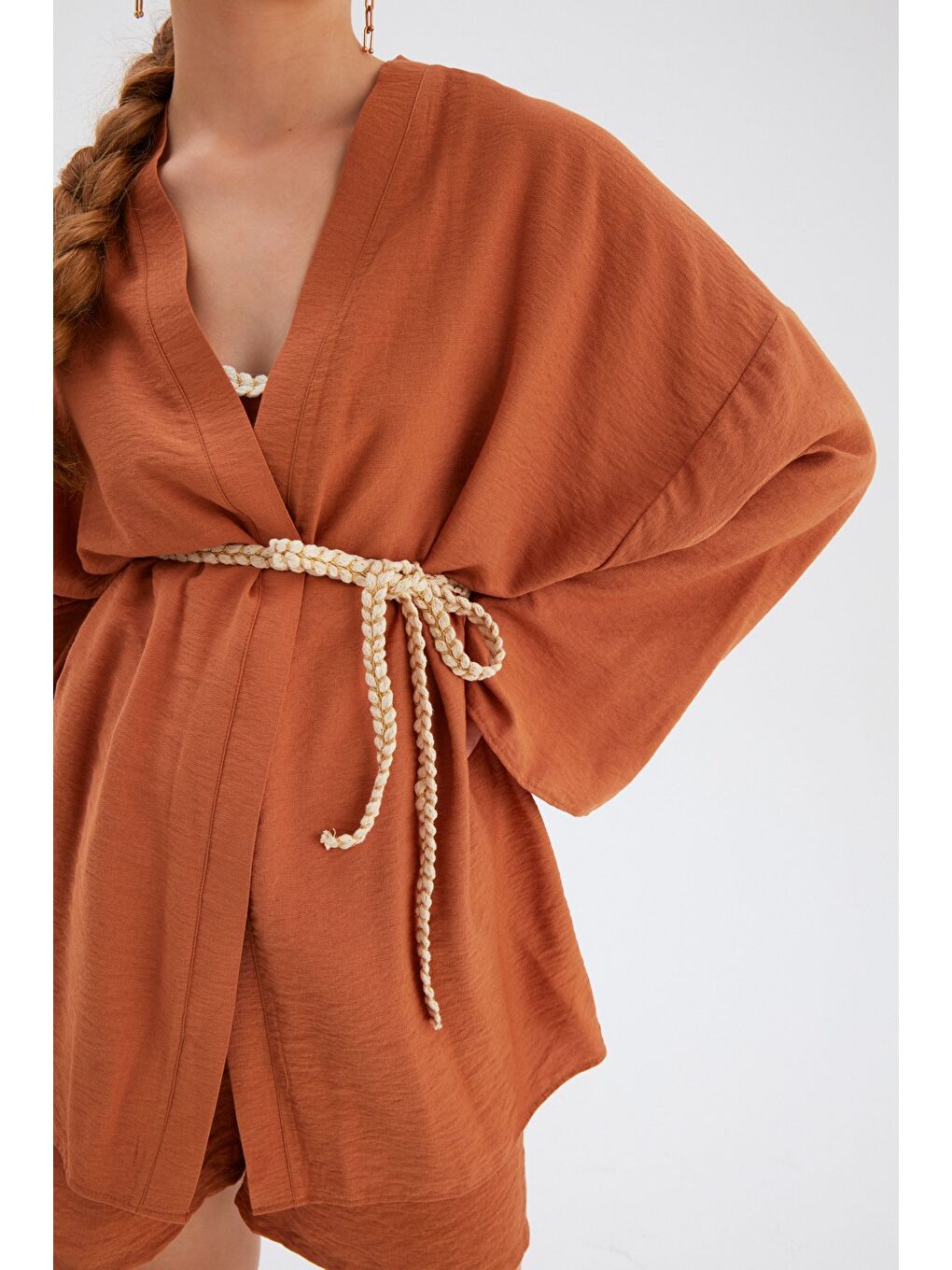 Kahverengi Kuşak Detaylı Salaş Kimono - Taba-5