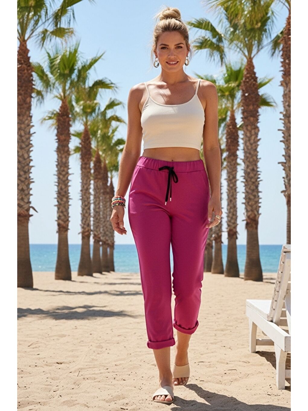 Fuşya Cepli Yıkamalı Lastikli Ve Bağlamalı Bel Dar Paça Casual Dokuma Pantolon 99 60-1